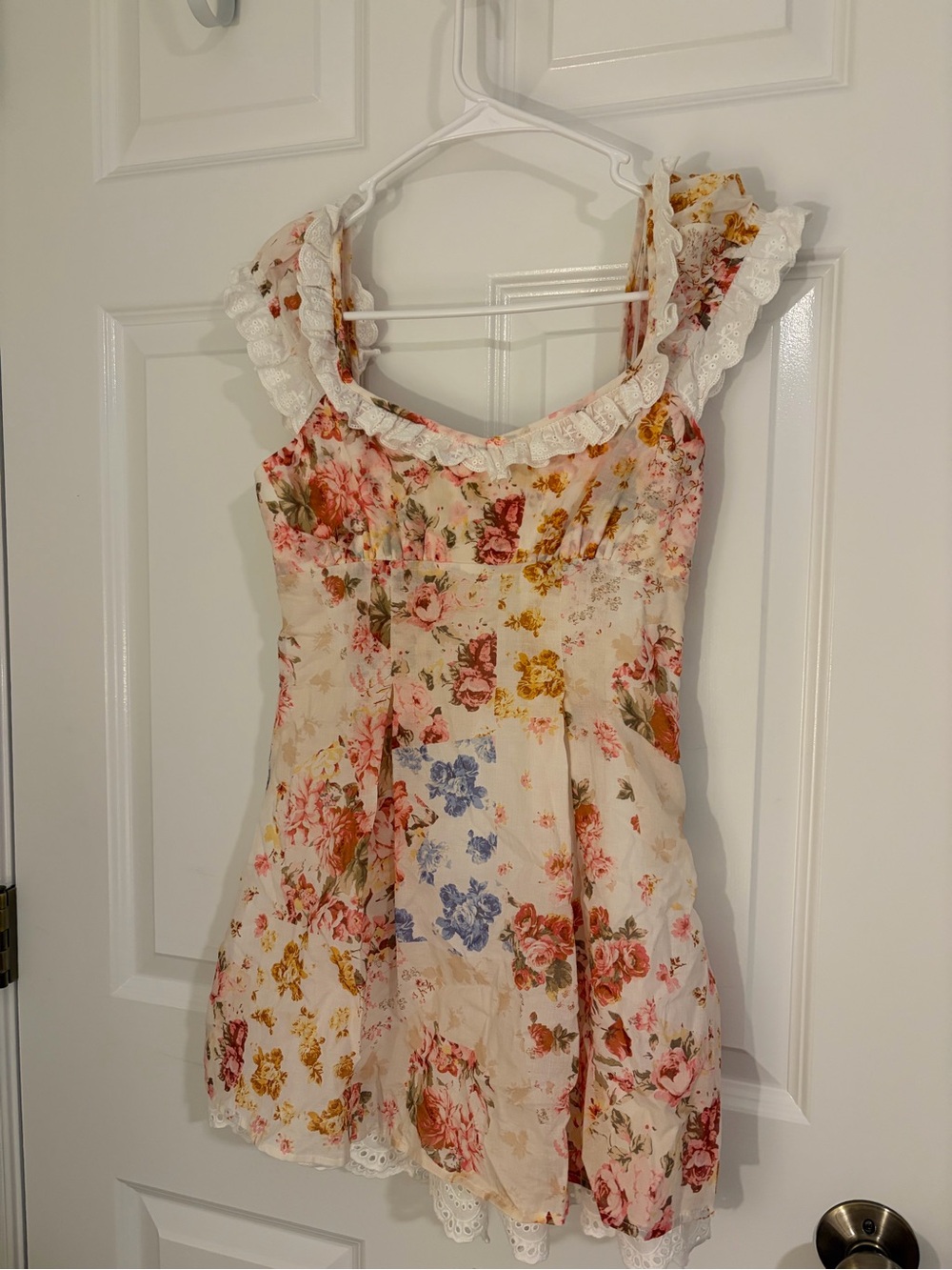 Cream Floral Lace-Trim Mini Dress